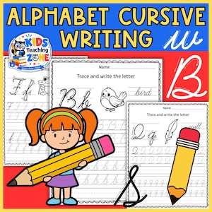 May include: Educational cursive writing worksheets featuring the text ALPHABET CURSIVE WRITING and KIDS TEACHING ZONE. The pages include tracing exercises for letters F, B, and Q, accompanied by illustrations of a bird, a quill, and a pencil.