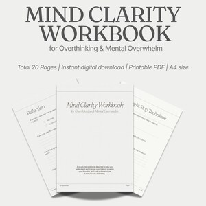 以下が含まれることがあります： 考えすぎや精神的負担のための「Mind Clarity Workbook」というタイトルのデジタルワークブック。表紙は白で、タイトルは濃いグレーのセリフ体です。ワークブックは20ページで、A4サイズで印刷可能なPDFとして利用できます。