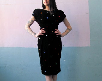 Vtg 80s Jeweled Velvet Cocktail Dress