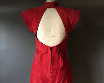 Vtg 80s Red Suede Leather Dress / Cut Out Back