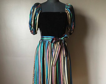 Vtg 70s 80s Dress / Multi Colored Stripes / Velvet Bodice