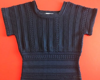 Vtg 70s Navy Blue Crochet Knit Shirt