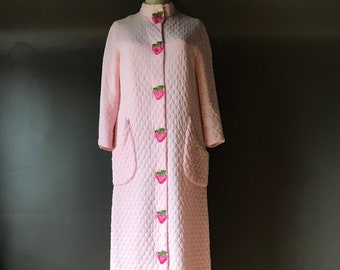 Vtg 60s Loungees Pink Quilted Strawberry Robe / House Dress