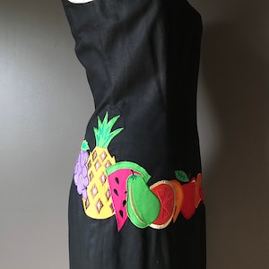 Vtg 80s Tropical Fruit Wiggle Linen Midi Appliqué Dress