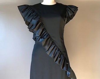 Vtg 70s 80s Lee Jordan Black Ruffle Dress