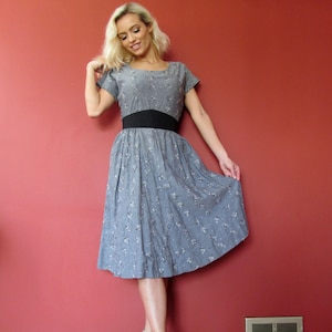 Vtg 40s 50s Chambray Embroidered Dress image 1