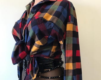 Vtg 70s Rainbow Buffalo Plaid Flannel Button Up Shirt