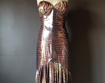 Vtg 80s Shiny Tiger Dress / Mermaid Hem
