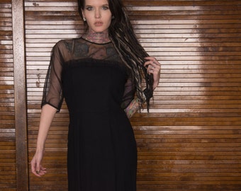 Vintage 1950's Little Black Dress with Sheer Overlay / Illusion