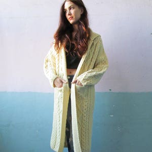 Vtg Cable Knit Long Sweater / Cream Wool Cardigan