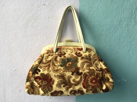 Vtg 60s Carpet Bag / Chenille Tapestry Purse - image 1