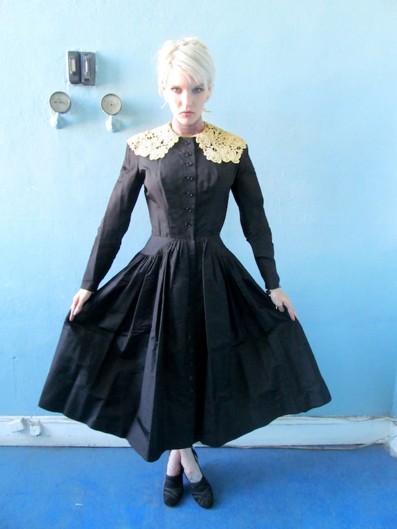 Vtg 40s 50s Long Sleeve Black Dress with Lace Col… - image 1