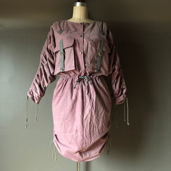Vtg 80s Ruched Drawstrings and Pockets Dress