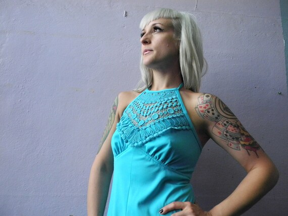 Vtg 60s 70s Blue Halter Maxi / Empire Waist / Boho