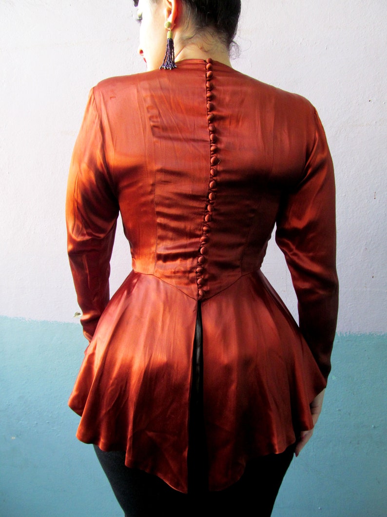 Vtg 30s 40s Copper Peplum Silky Blouse image 6