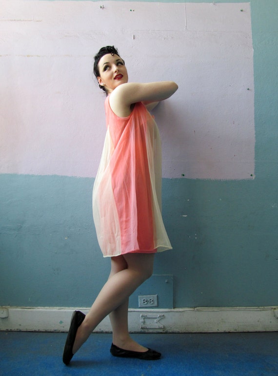 Vtg 60s Babydoll Pink And Peach Slip Dress - image 2