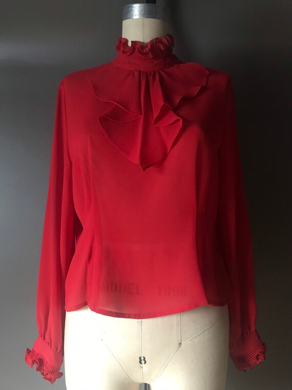 Vtg 70s 80s Red Blouse / High Neck Ruffle / Victo… - image 10