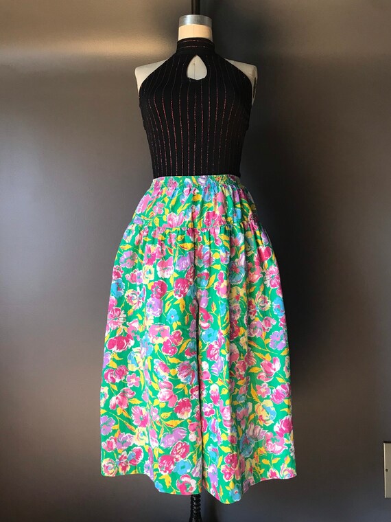 Vtg 80s Floral Wide Leg Gaucho Pant - image 1