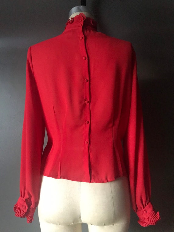 Vtg 70s 80s Red Blouse / High Neck Ruffle / Victo… - image 4