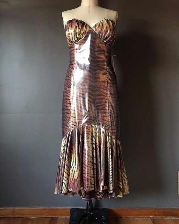 Vtg 80s Shiny Tiger Dress / Mermaid Hem - image 1