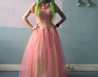 Vtg 50s Pink Tulle Party Gown / Prom Princess