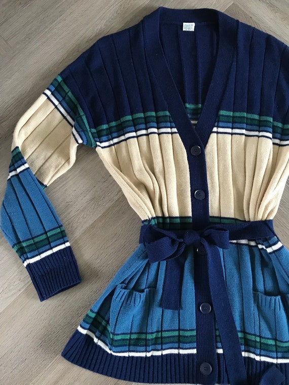 Vtg 70s Blue Striped Cardigan Sweater - image 5