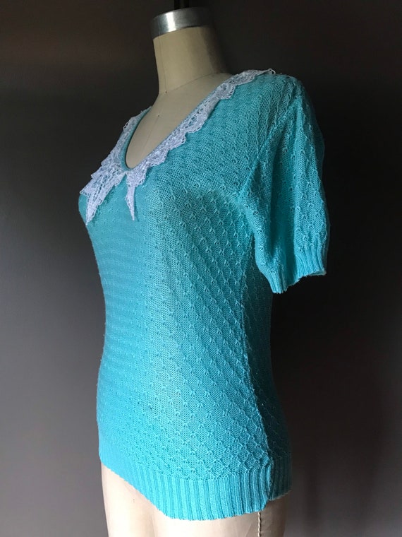 Vtg 70s 80s Lace Collar Sweater Knit Blouse - image 4