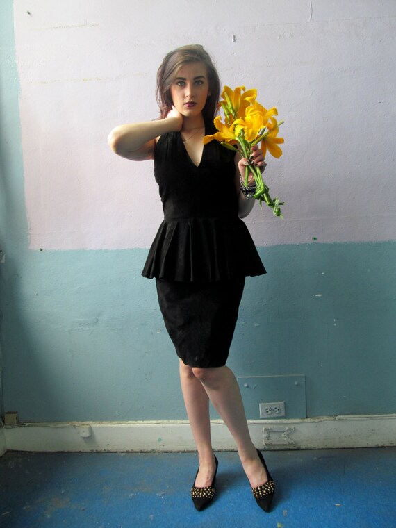 Vtg Suede Peplum Dress / Deep V / Cut Out Back / P
