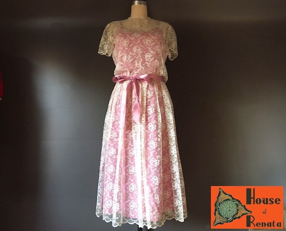 Vtg 70s Lace Overlay Dress - image 1