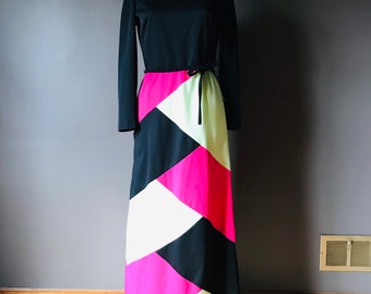 Vtg 60s 70s Mod Color Block Maxi Dress