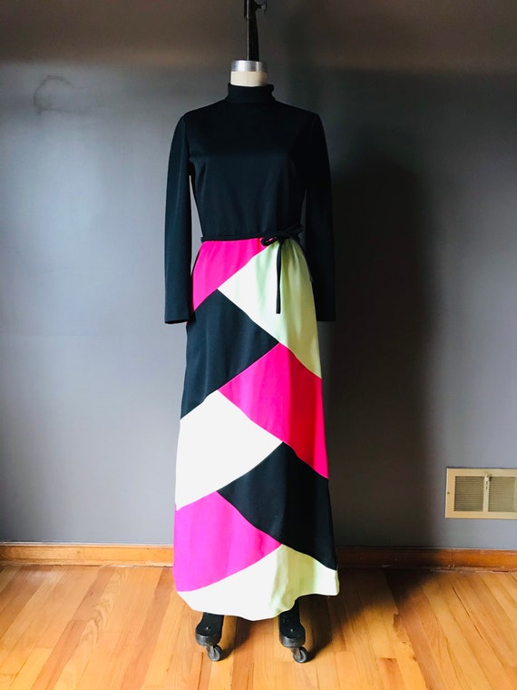 Vtg 60s 70s Mod Color Block Maxi Dress