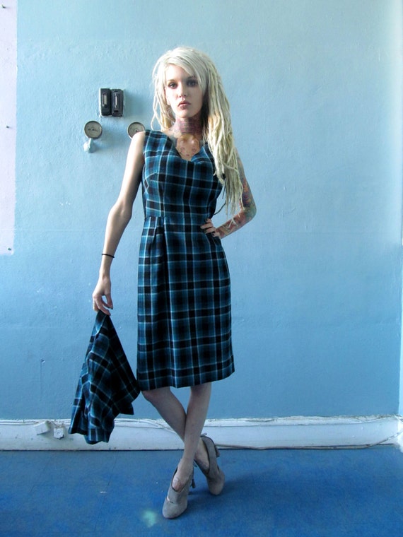 Vtg 40s 50s Blue Plaid Dress / Matching Bolero Ja… - image 1