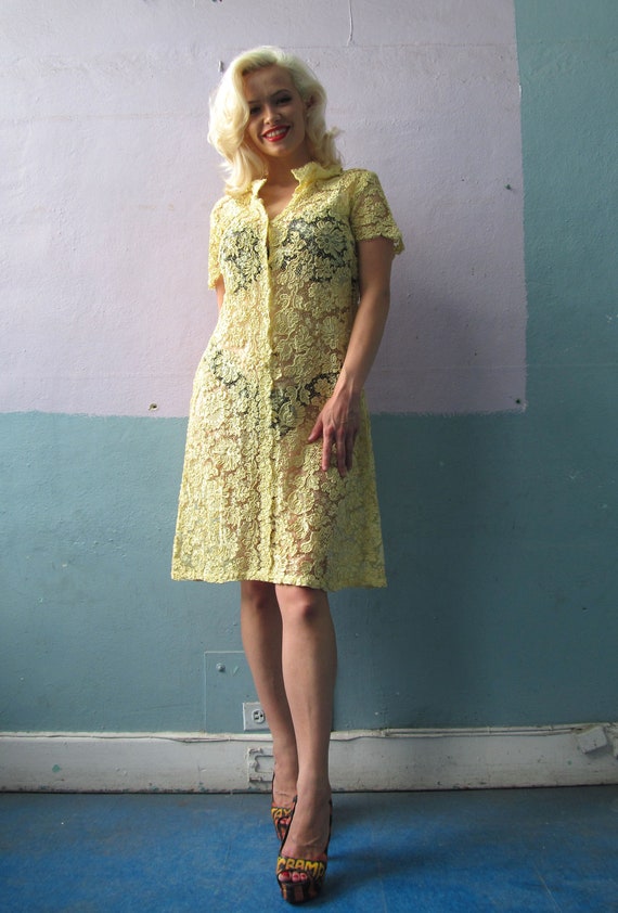 Vtg 50s Yellow Battenburg Lace Dress