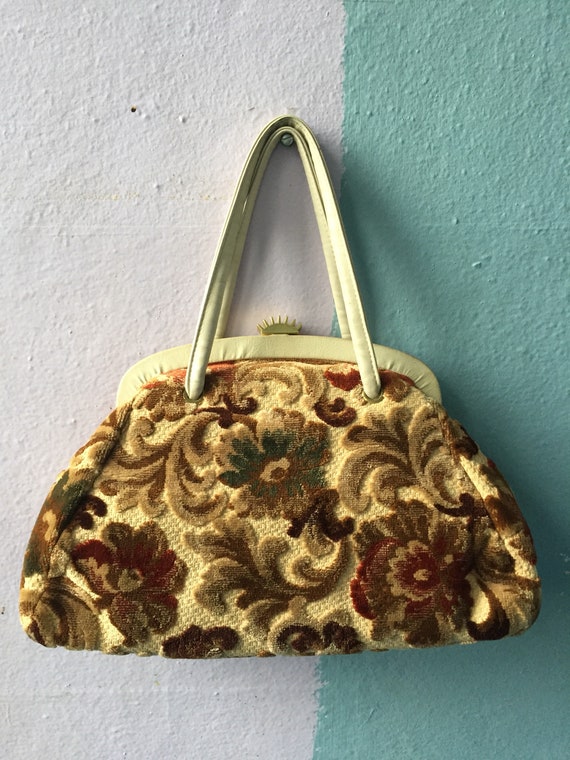 Vtg 60s Carpet Bag / Chenille Tapestry Purse - image 4