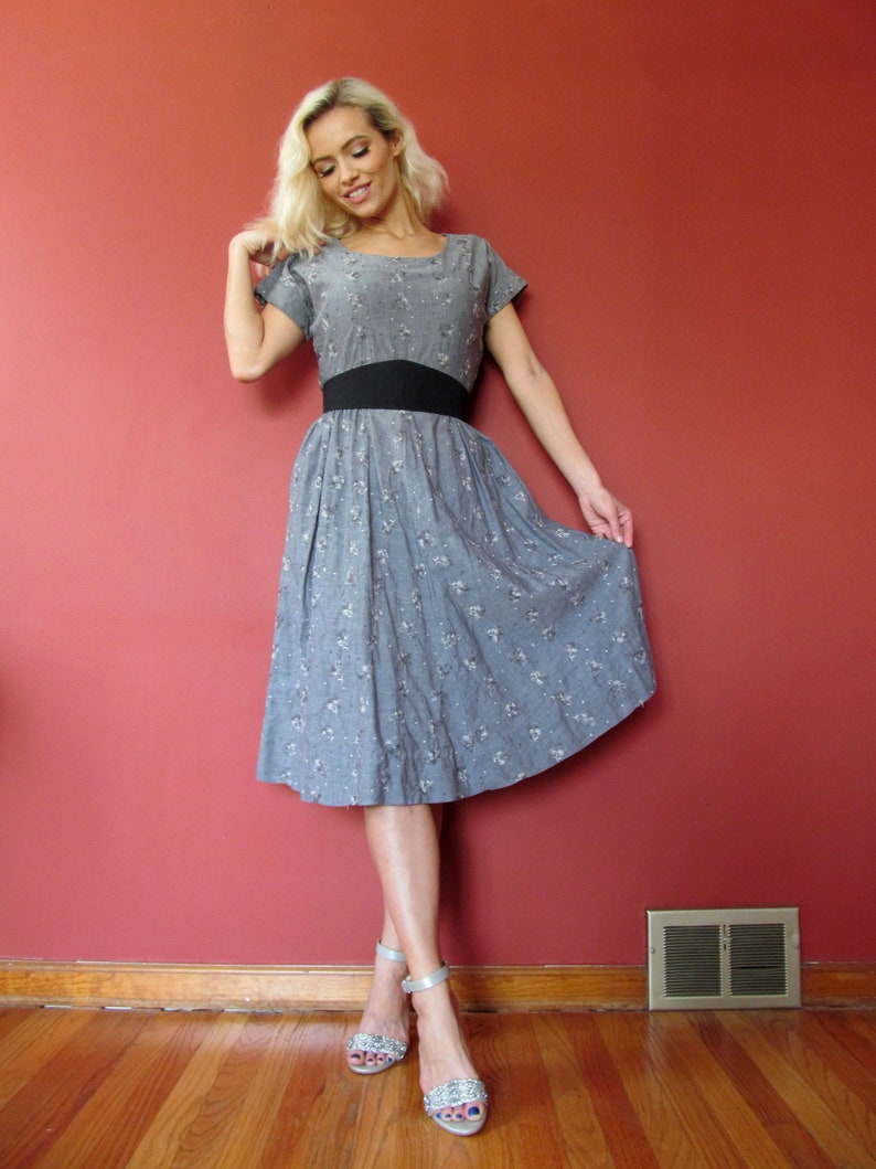 Vtg 40s 50s Chambray Embroidered Dress image 1