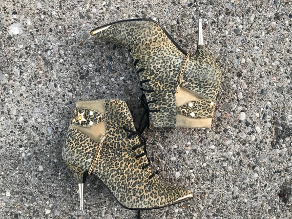 Vtg 80s Stiletto Leopard Ankle Boots / Punk / Glam