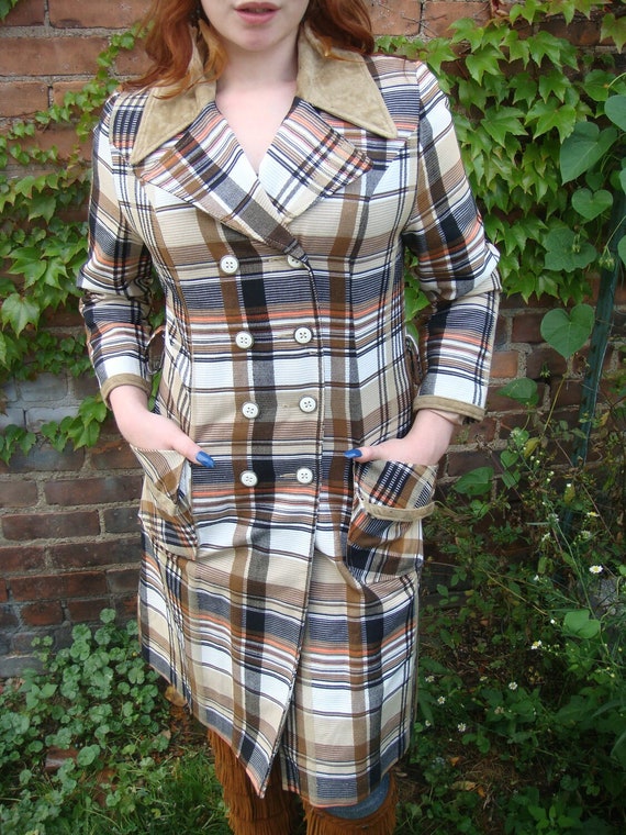 Vtg 70s Brown Plaid Trench Jacket / Lady Detective