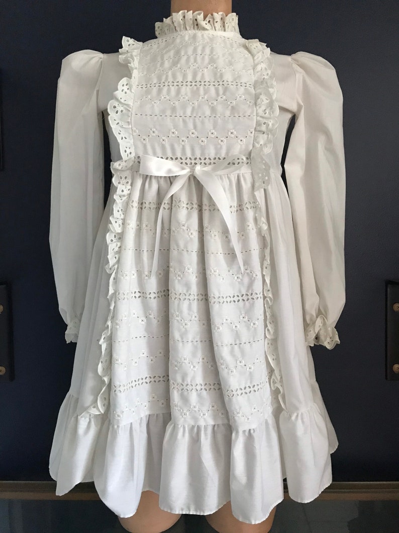 Vtg 70s White Prairie Style Ruffle & Eyelet Dress / Poof Sleeve Babydoll image 8