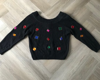 Vtg 80s Glam Rhinestone Sweater