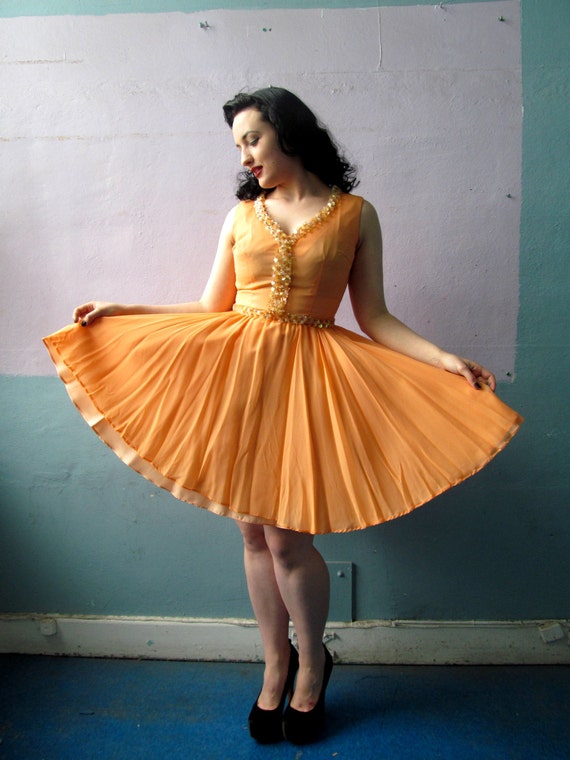 Vtg 60s Peach Party Dress