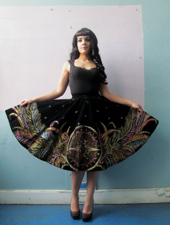 Vtg 50s Mexican Hand Painted Velvet Circle Skirt