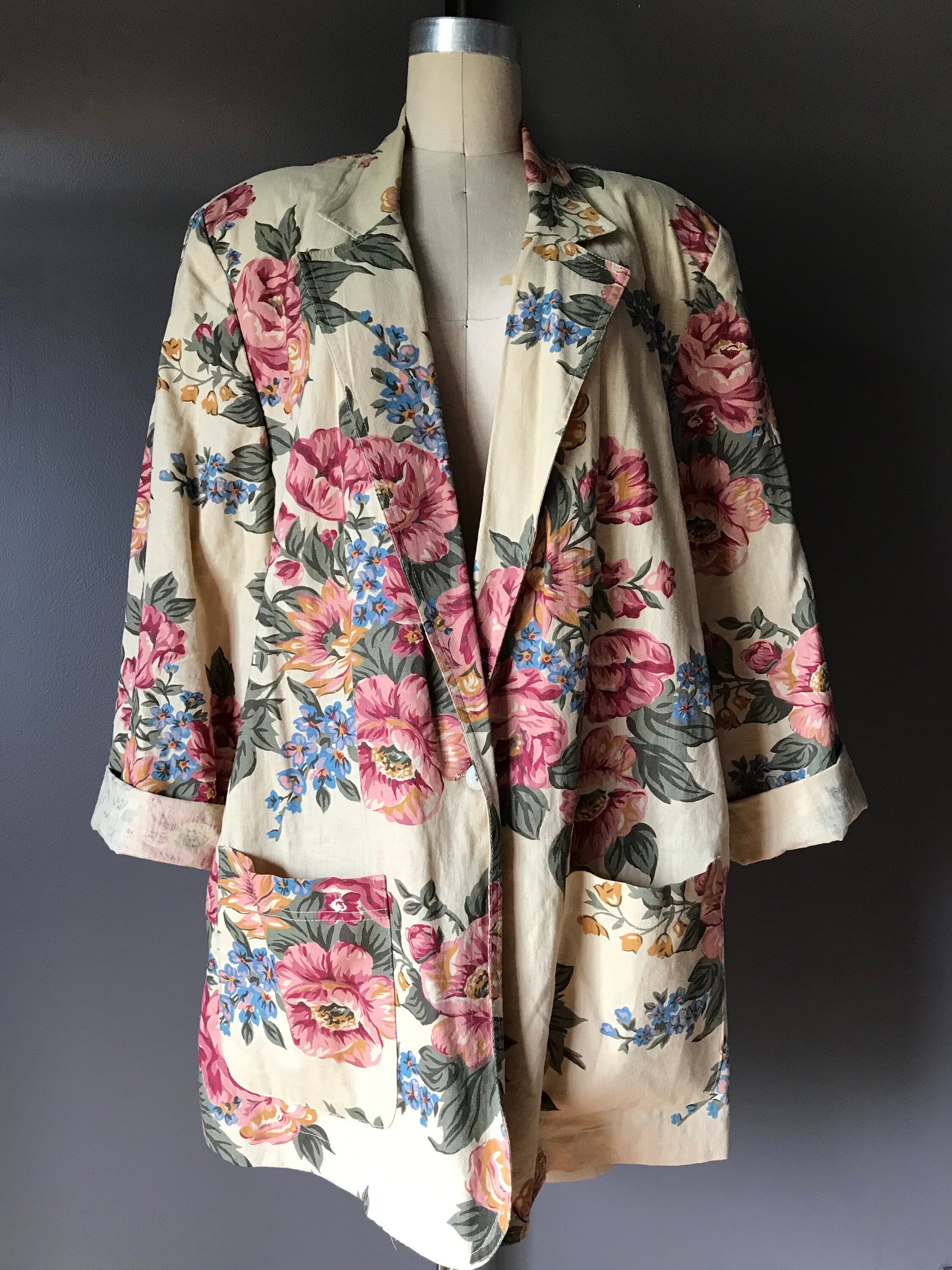ジャケット・アウター 80s 90s \"mosaic USA\" wide linen jacket Vintage 1980's Rave Multi-color Batwing Krazy Style