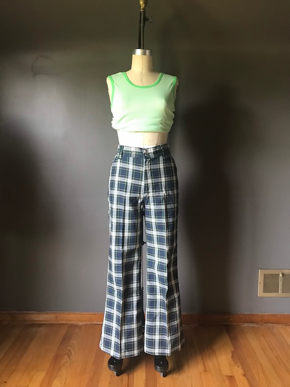 Vtg 70s Super Denim Plaid Pants / Bell Bottoms