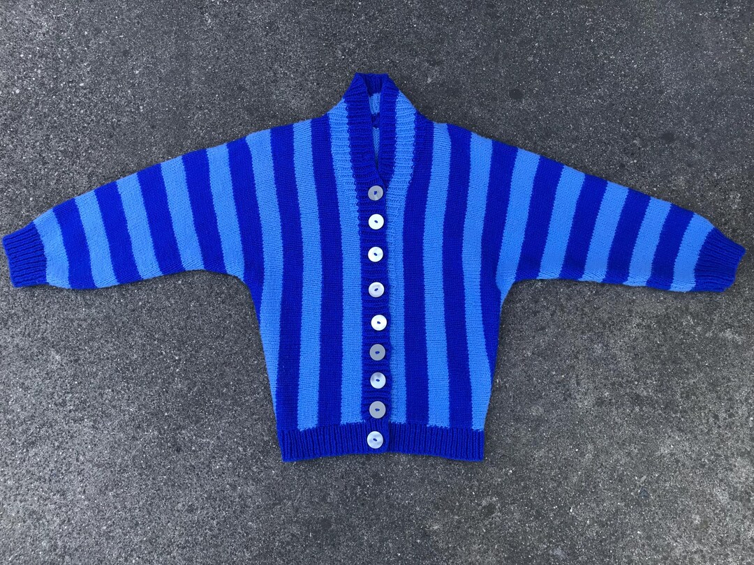Vtg 50s 60s Hand Knit Blue Striped Cardigan - Etsy
