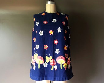 Vtg 60s 70s Mushroom Garden Print Sleeveless Top