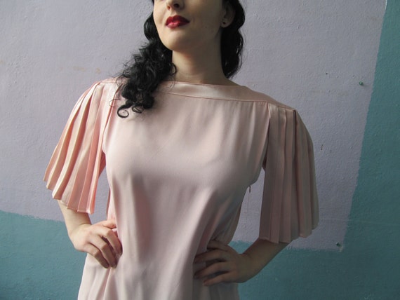 Vtg 70s 80s Pink Dress / Accordian Epaulette Shou… - image 5