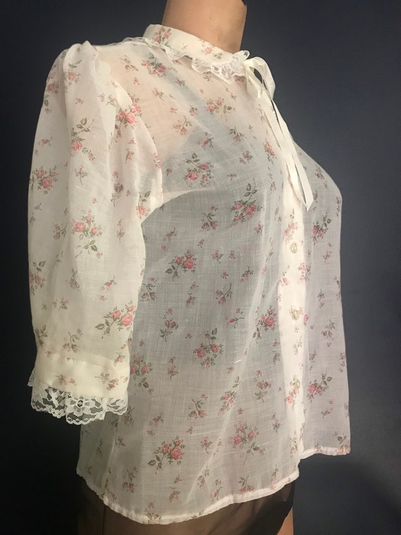 Vtg 70s Semi Sheer Floral Cotton Blouse - image 5