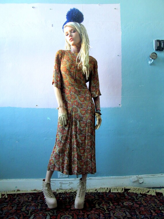 Vtg 30s Paisley Dress / 1930s Rayon / Old Hollywoo