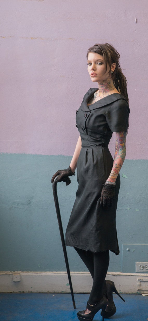 Vtg 50s Black Silk Dress with Button Top