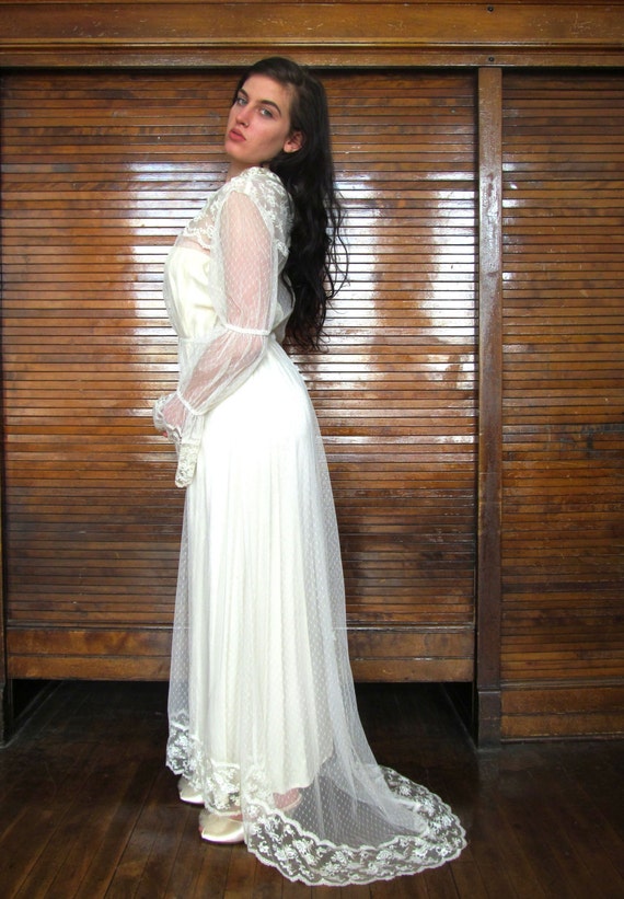 Vtg 70s Sheer Lace Overlay Wedding Dress/ San Fra… - image 3